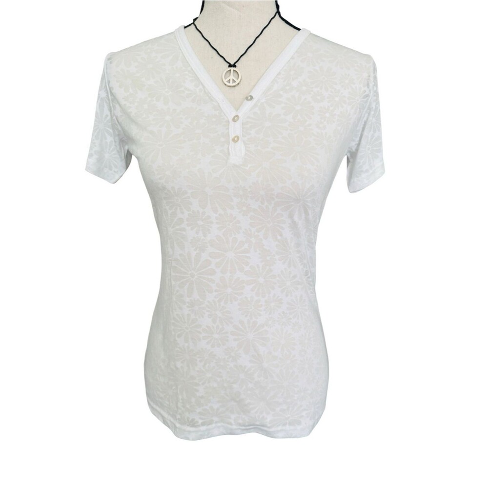 Kuhl White Floral Burnout Henley Tee Small Boho Outdoor Hiking Short Sleeve Top